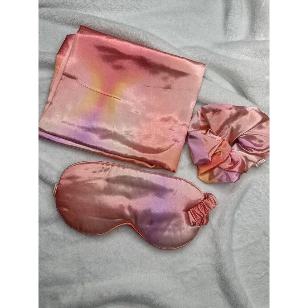 INH Sweet Dreams Satin Sleep Set Pillowcase Eye Mask Scrunchie Pink Orange New